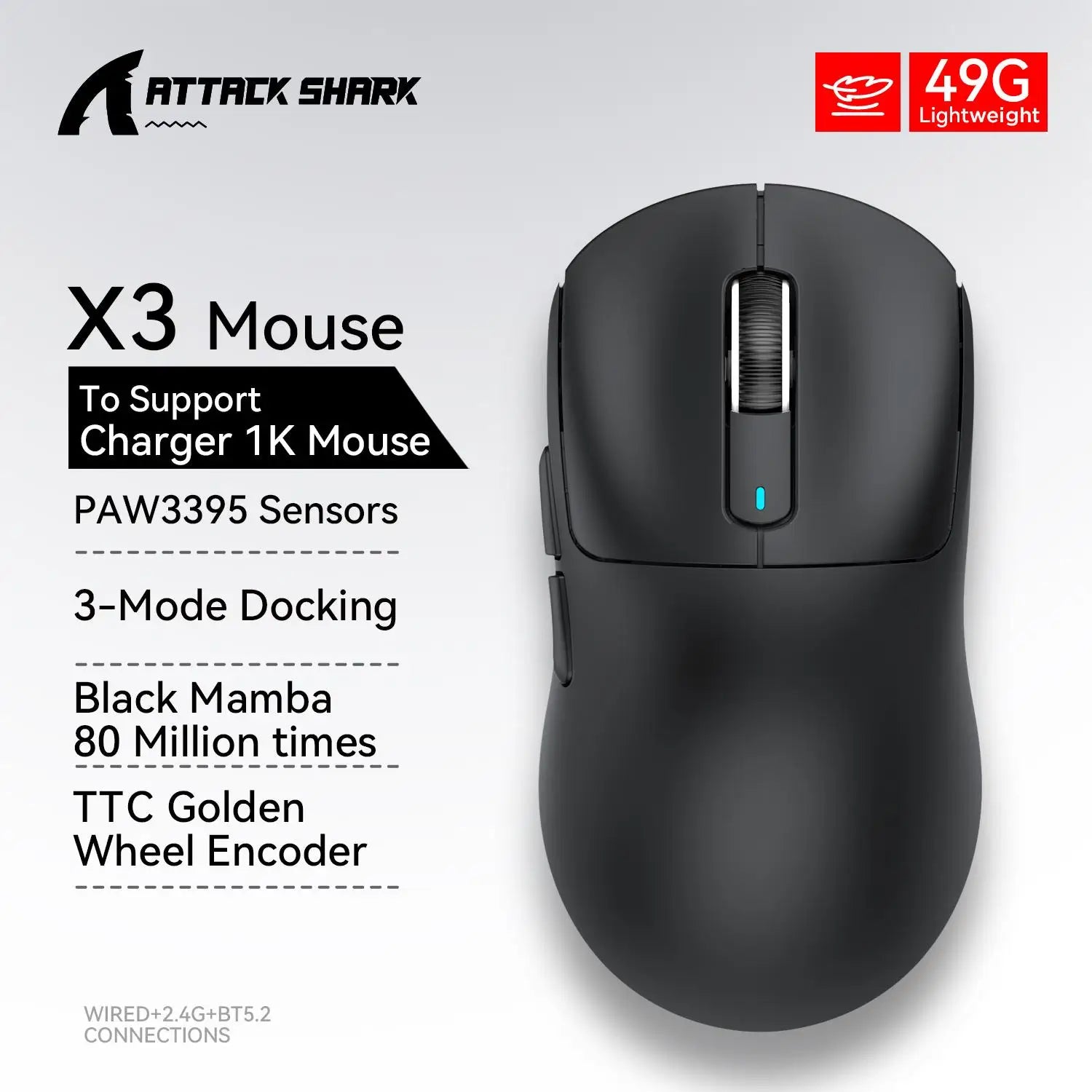 X3 Gaming Mouse Wireless  Red Color 4K Returns,Bluetooth Tri-Mode Connection,Paw3395,Macro Bluetooth Mouse Gaming