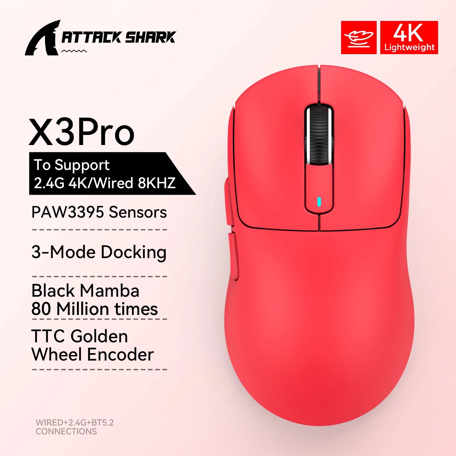 X3 Gaming Mouse Wireless  Red Color 4K Returns,Bluetooth Tri-Mode Connection,Paw3395,Macro Bluetooth Mouse Gaming